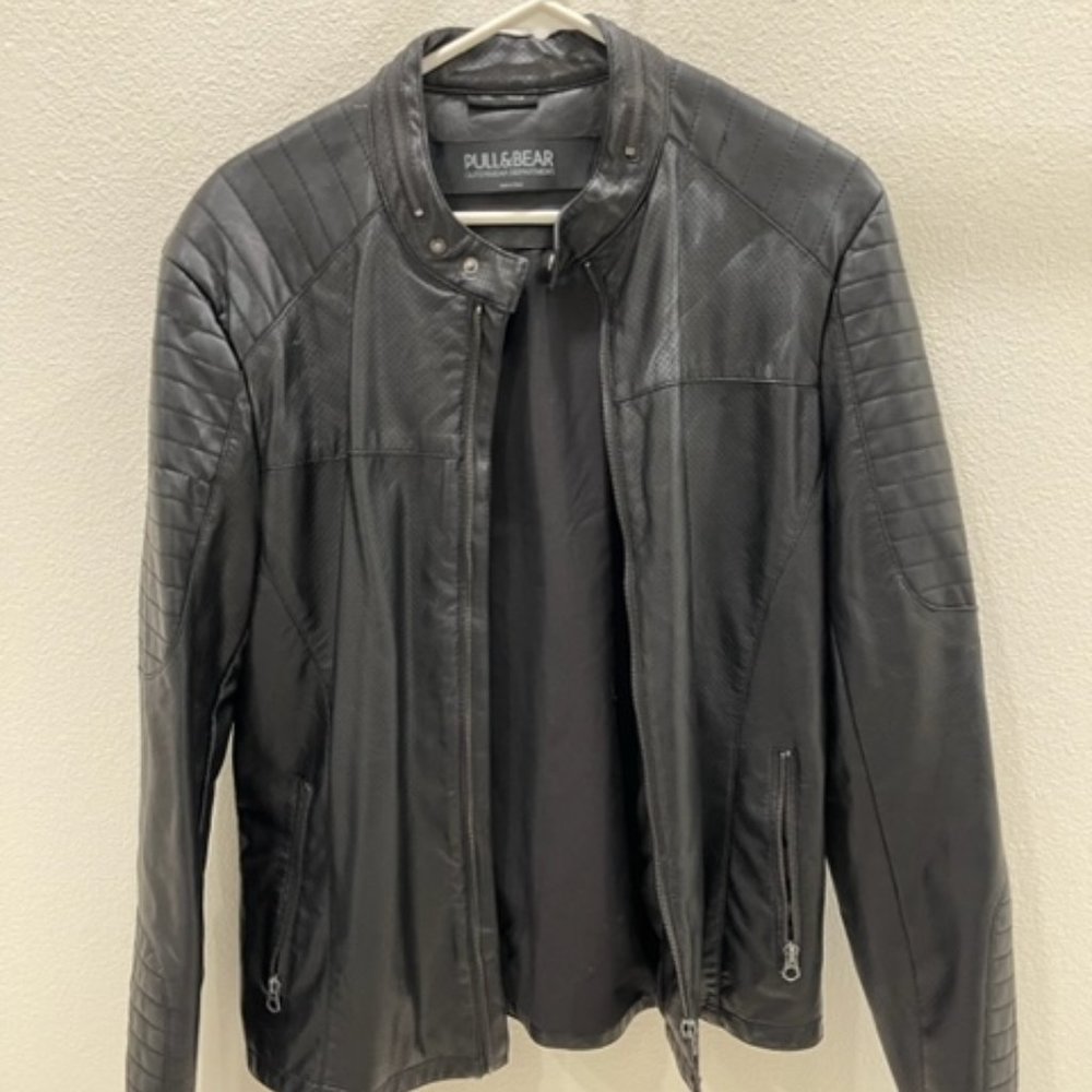 Pull&Bear Biker Jacket With Perforated Detail In Black, Men, Medium (40)